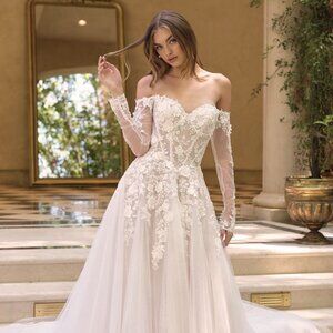 New Off White-nude Bridal Gown w/ Off Shoulder Sleeves & Layered Skirt CD WL067